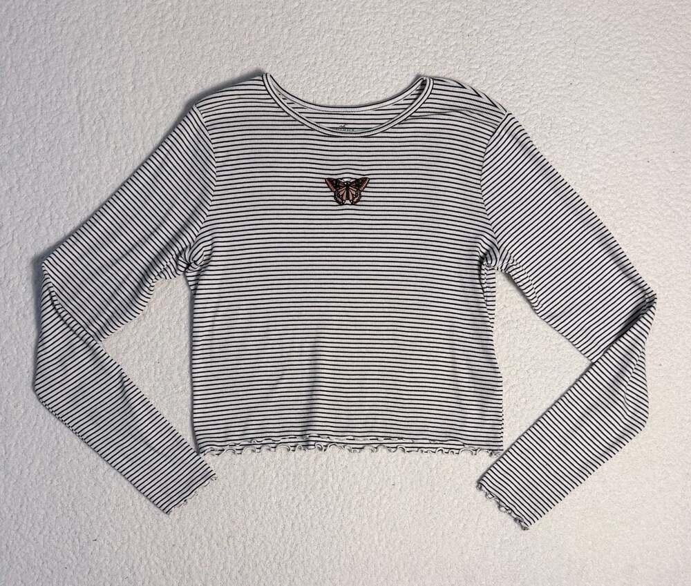 Hollister Ribbed Striped Long Sleeve Lettuce-Edge Top with Butterfly Embroidery